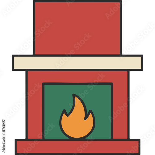 Red fireplace with burning orange fire and green hearth with cream colored mantelpiece and red brick texture detailed illustration