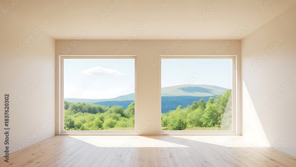 Fototapeta premium Empty square room with Bright and Airy Room With Large Windows Overlooking Serene Green Landscape and Natural Light Streaming In