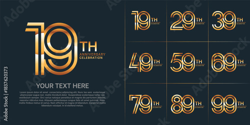 Anniversary logo set with double line number style. gold color can be use for special moment