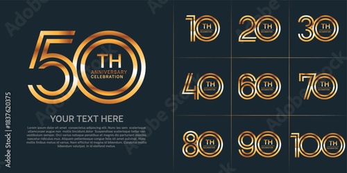 Anniversary logo set with double line number style. gold color can be use for special moment