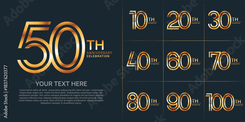 Anniversary logo set with double line number style. gold color can be use for special moment