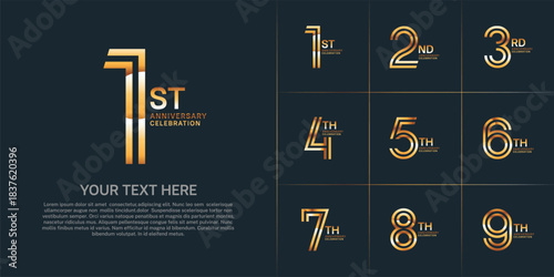 Anniversary logo set with double line number style. gold color can be use for special moment