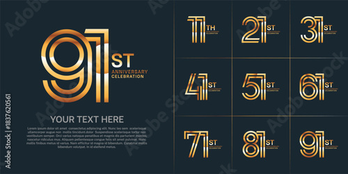 Anniversary logo set with double line number style. gold color can be use for special moment