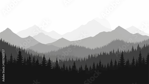 Monochromatic Mountain Range Silhouette with Dense Evergreen Forest.