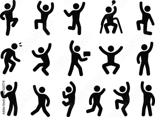 A collection of fifteen black stick figures showcases people in various active, excited, and joyful poses