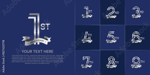 Anniversary logo set with double line number style. silver color with silver ribbon can be use for special moment