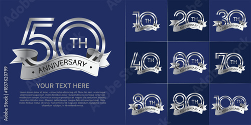 Anniversary logo set with double line number style. silver color with silver ribbon can be use for special moment