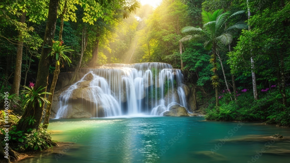 Fototapeta premium Sunlit, multi-tiered jungle waterfall cascades into a serene turquoise pool surrounded by lush foliage