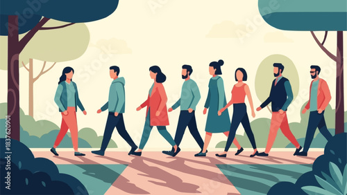 Diverse group of people walking in a single file line following a leader.