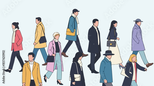 Diverse group of people walking in a city street scene.