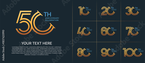 Anniversary logo set with double line number style. golden and blue color with slash can be use for special moment