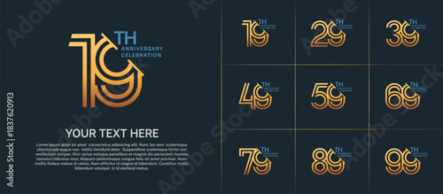 Anniversary logo set with double line number style. golden and blue color with slash can be use for special moment