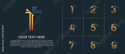 Anniversary logo set with double line number style. golden and blue color with slash can be use for special moment