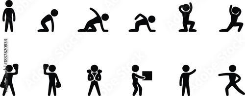 Collection of black stick figure icons illustrating people engaged in various actions and exercise poses