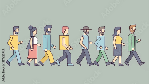A diverse group of stylized cartoon people walking in a line.