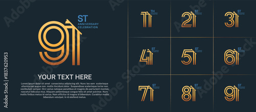 Anniversary logo set with double line number style. golden and blue color with slash can be use for special moment