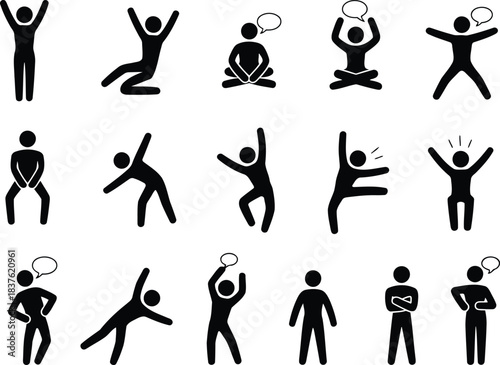Fifteen black stick figures demonstrate people in various states of being and communication with speech bubbles