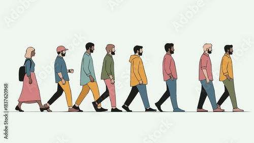 Diverse group of people walking in a line side profile.