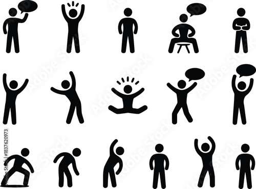 Extensive collection of black stick figure icons showing people communicating, stretching, jumping and interacting