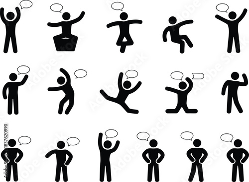 Fifteen black stick figures show people in various poses with some communication speech bubbles