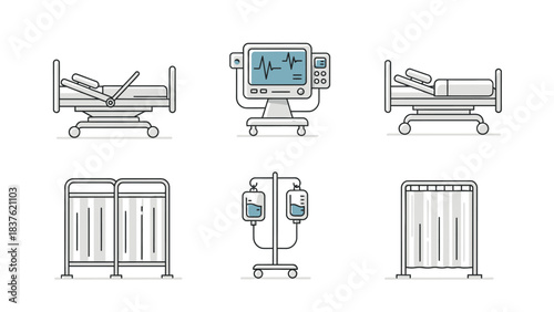 A collection of six hospital equipment illustrations in silhouette, including beds and medical devices, against a clean white background.