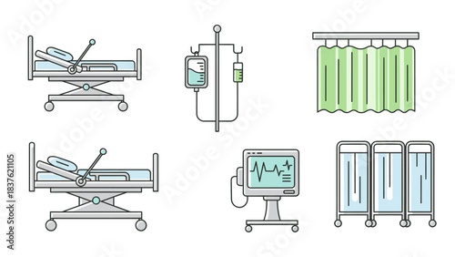 A silhouette illustration of various hospital equipment, including beds, an IV pole, a heart rate monitor, and curtains, on a white background for medical or healthcare concepts on Black