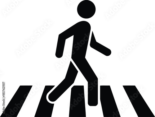 Simple black silhouette of a person walking on a striped pedestrian crosswalk symbol
