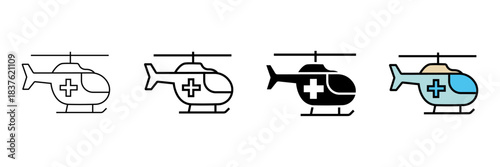 Set of minimalist medical helicopter icons with transparent background, depicting air ambulance, emergency transport, and rescue services, vector illustration
