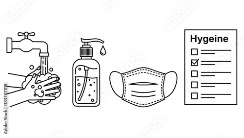 A black and white line drawing silhouette of hygiene-related icons including hands under a faucet, hand sanitizer, a face mask, and a hygiene checklist on a clean white background.