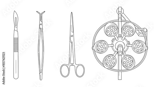 A silhouette of surgical tools and a medical instrument organizer on a clean white background, highlighting Black Friday medical supplies.