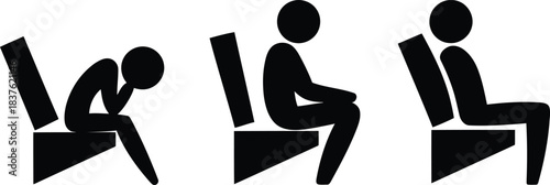 Three black stick figures illustrate different passenger seating postures in a stylized travel seat