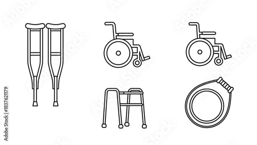 Black Friday silhouette sale icons including crutches, wheelchairs, and walker on a white background.