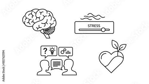 A black Friday silhouette illustration featuring a brain, stress meter, and heart with leaves, symbolizing mental well-being and love, against a clean white background with a simple line