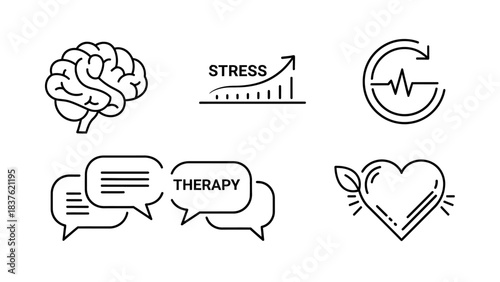 A minimalist flat lay of mental health icons in silhouette on a white background, including a brain, stress graph, therapy speech bubbles, and a heart with a heartbeat line, conveying a