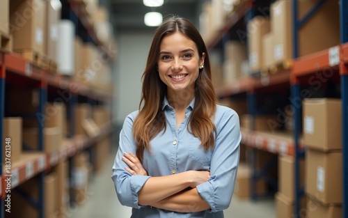 Arms crossed, logistics and portrait with woman in office of warehouse for delivery or shipping. Business, retail and supply chain with happy person in depot for ecommerce, export or import