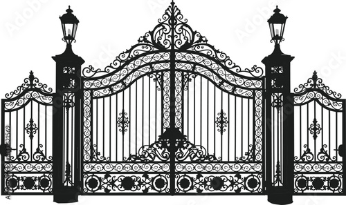 Elegant ornate wrought iron gate with vintage decorative patterns and classic lantern pillars in detailed black silhouette vector illustration design artwork