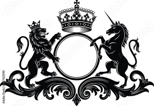 Elegant royal crest vector with crowned lion and unicorn heraldic supporters, ornate vintage emblem frame, classic coat of arms decorative illustration for branding