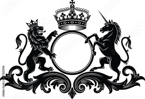 Elegant royal crest featuring crowned lion and unicorn heraldic symbols with ornate decorative frame and crown, detailed vintage vector illustration for luxury branding