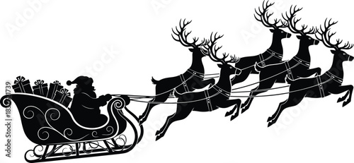 Santa Claus silhouette riding sleigh with flying reindeer carrying Christmas gifts, festive holiday vector illustration perfect for seasonal decoration, winter celebration artwork