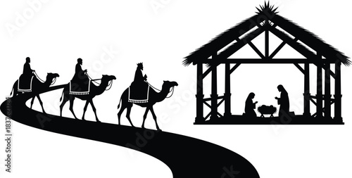 Silhouette nativity scene illustration featuring three wise men with camels approaching the manger, holy family, and Christmas Bethlehem stable design for festive vector artwork