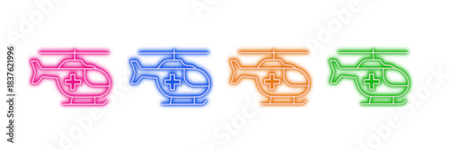 Neon glowing medical helicopter vector icons set, emergency, rescue, transport, ambulance, health, glowing, colorful, vibrant digital design illustration.
