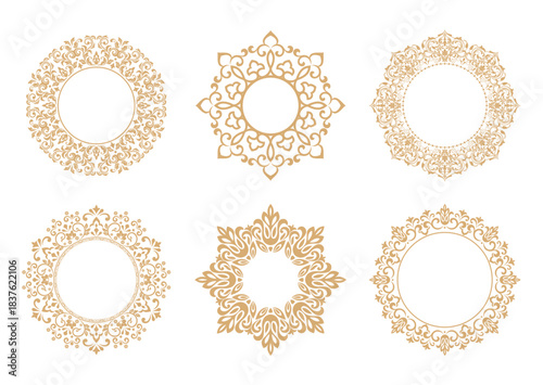 Set of decorative frames Elegant vector element for design in Eastern style, place for text. Floral golden and white borders. Lace illustration for invitations and greeting cards