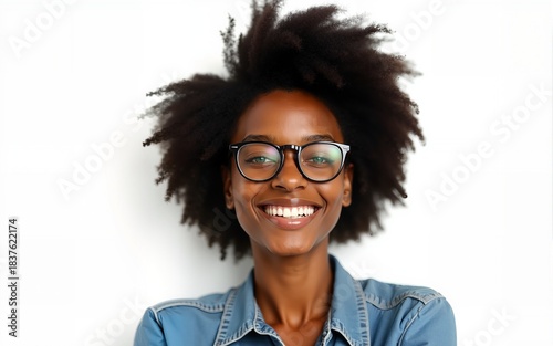 Happy millennial Afro American business woman in casual glasses posing isolated on white, smiling with perfect white teeth. Confident female customer, professional head shot portrait. High quality