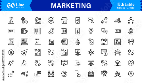 Marketing line icon pack featuring professional modern minimal designs, unique outline vectors ideal for branding, advertising, promotion, communication, and strategy concepts