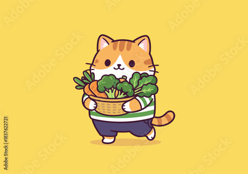 cute cat holding a basket full of fresh vegetables