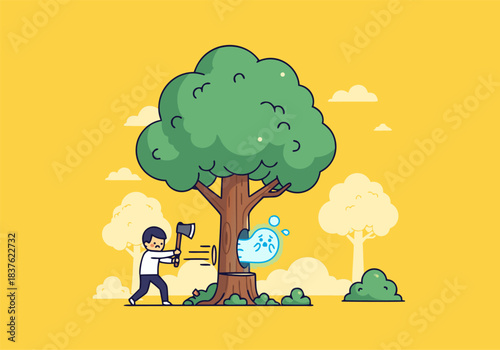 man chopping a tree with a cute spirit appearing from the trunk