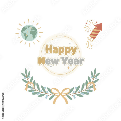 Happy New Year festive illustrations with fireworks, wreaths, and celebratory elements in a graphic style
