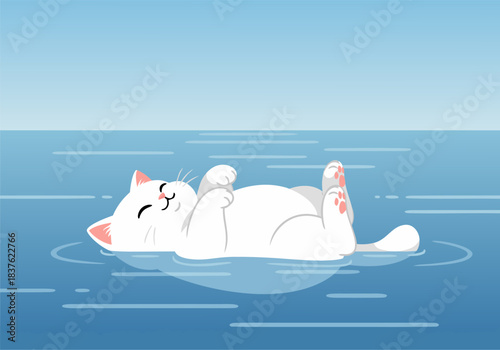 cute white cat floating peacefully on calm water