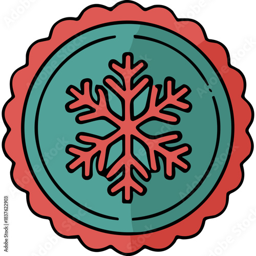 Red scalloped circular emblem featuring a stylized red snowflake design on a teal background with a subtle drop shadow on a black backdrop representing winter or coldness