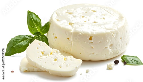 Fresh ricotta cheese with basil leaves, a slice and a whole piece against a white background